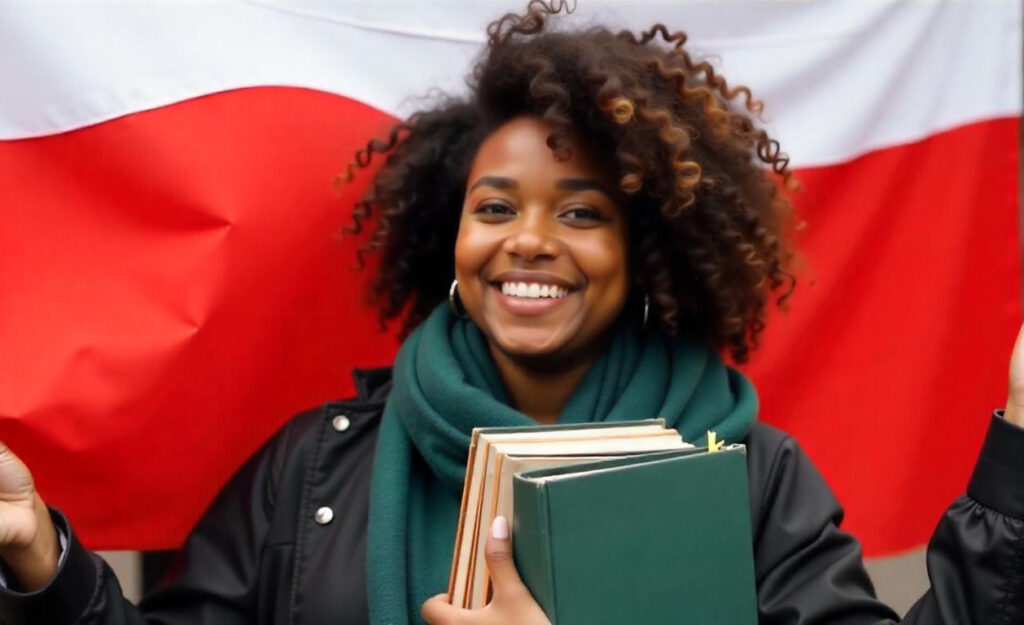 Studentka z Nigerii trzymająca podręczniki stoi przed flagą Polski